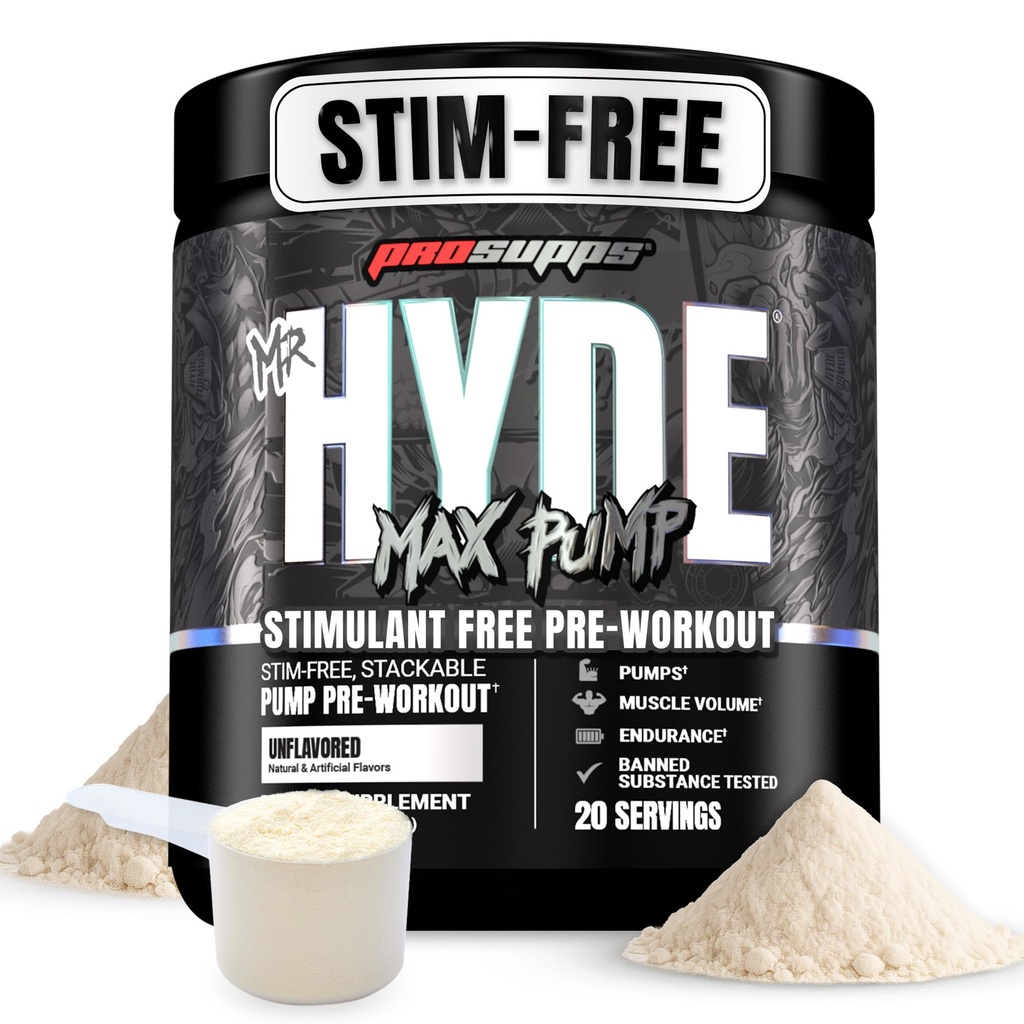 PROSUPPS Mr. Hyde Max Pomp Pre Workout pulbere - Stim-Free Preworkout sprijină fluxul de sânge, volum muscular și rezistenta - Cafeina-Free oxid azotat Gym & Suplimente de fitness (nearomat, 20 Serviri)