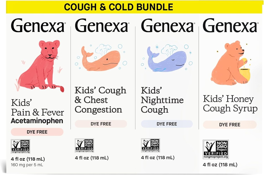Genexa Kids' Cough Cough Medicine & Honey Cough Syrup, Pain & Fever Reductor Value 4-Pack, Die Free, 0% Aditivi artificiali, Tuse de îngrijire pentru copii, Febră & Pain Reliever, 16 fl oz (4 Sticle)