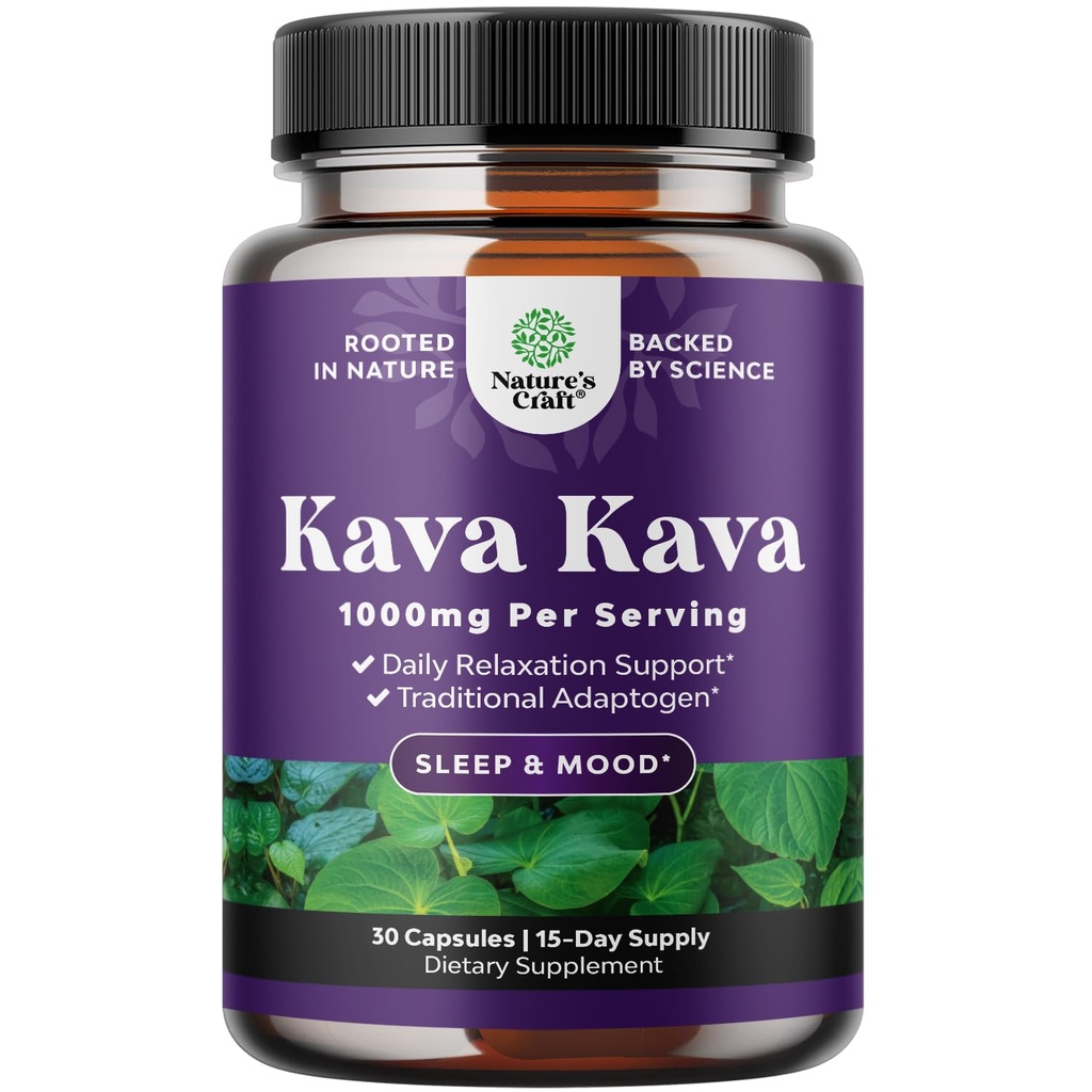 Kava Kava Root Extras Supliment 1000mg - Suport Herbal Acționând rapid cu Kavalactonă pentru menod echilibrat - Relaxați-vă capsule calmante pentru suport de stres și somn mai bun - 15 Serviri