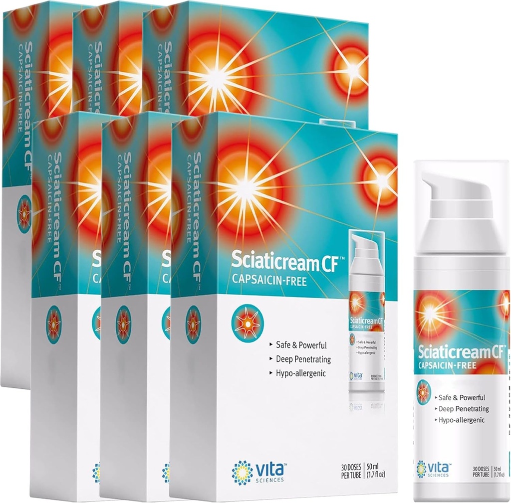 Vita Sciences Sciaticream CF: Rapid Soothing Cream for Sciatic Nerve with Arnica, B1, B5, B6, MSM, Aloe and Coconut Oil Base. Capsaicina-FREE. Formula de calmare rapidă - pachet de 6