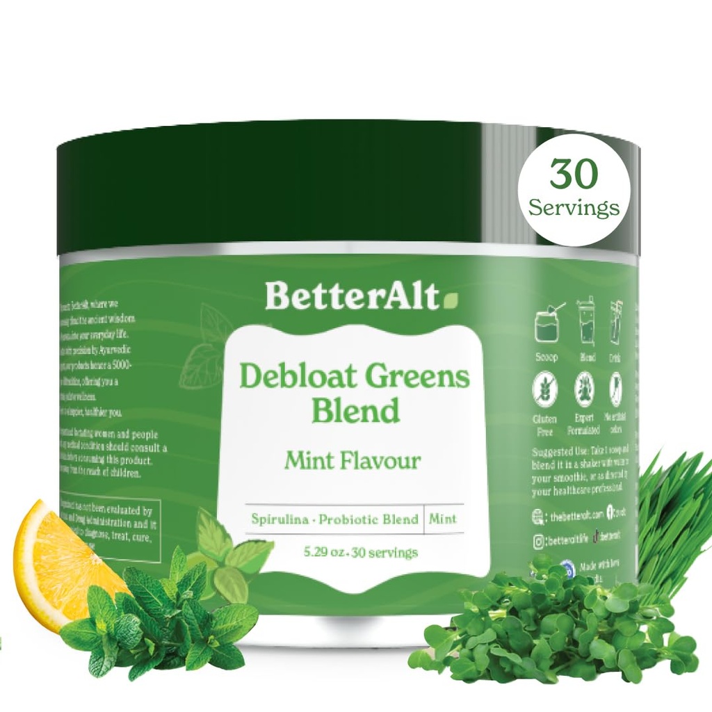 Mai bine Alt Greens Powder, Detox & Debloat cu 15 Super Greens Blend de Spirulina, Moringa Powder, Wheatgrass, Pre & Probiotice, Packed with Anti-oxidanti, Mint Flavor, No Maltodextrina, 30 Servings