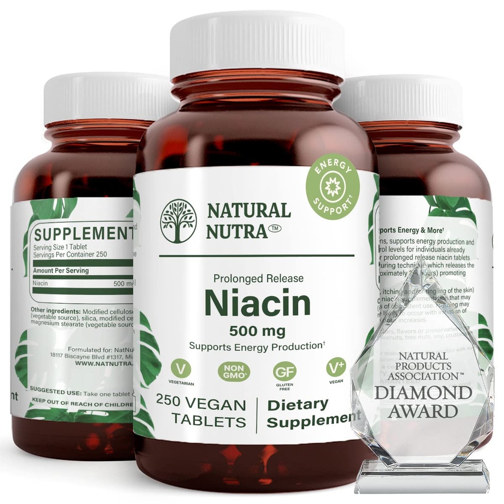 Natural Nutra timp-Release Slow Niacin 500 mg (Vitamina B3), Suport Colesterol sănătos, Promovează sănătate cardiovasculară, Promovează celulele pielii și îmbunătățirea funcției cognitive, 250 comprimate Vegan