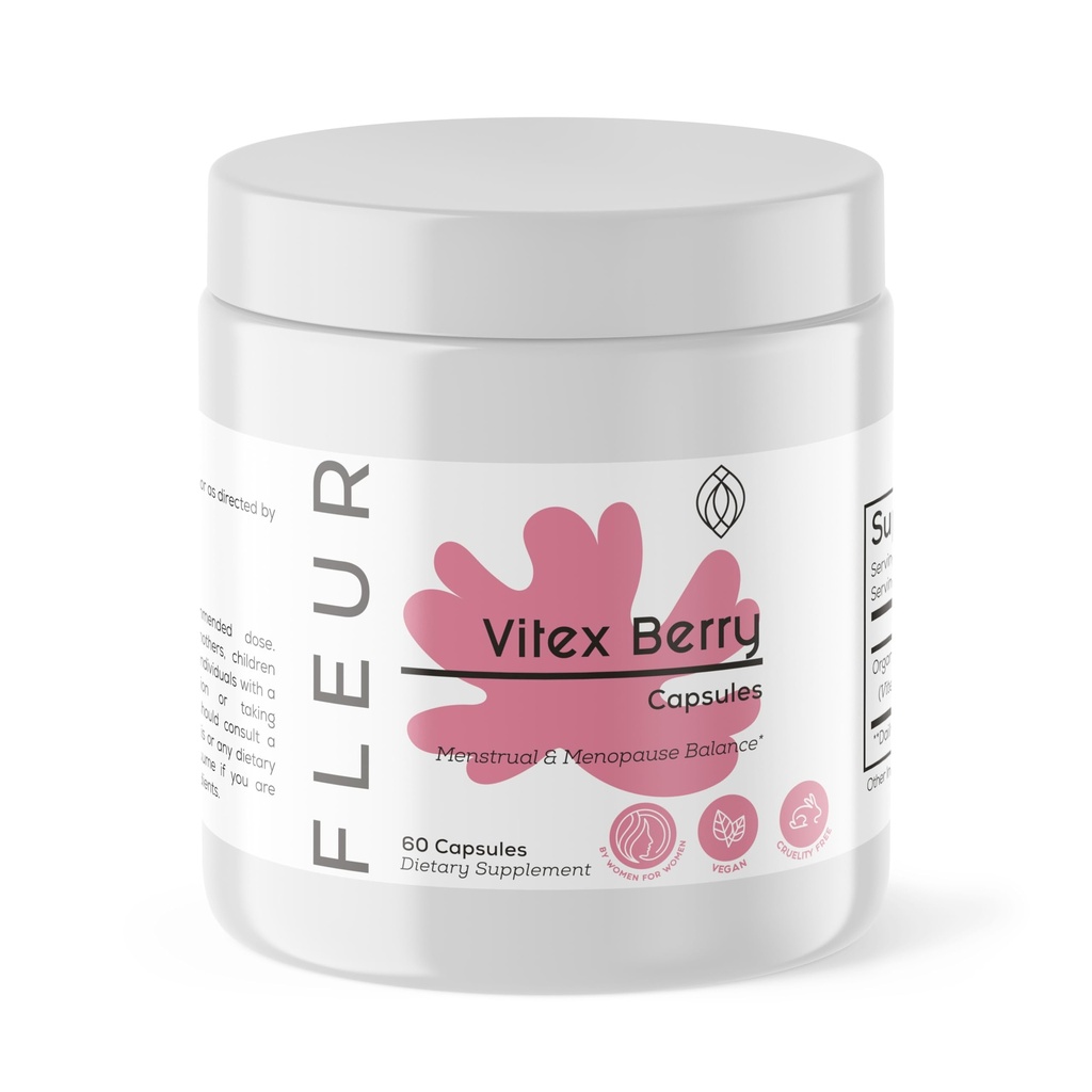 FLEUR Vitex Capsule, Vitex Chasteberry pentru echilibru hormonal pentru femei, POSS Supliment ajută la menținerea nivelului progesteron pentru suport menstrual ciclu, Fertility & PMS Support, 500 mg, 60Ct