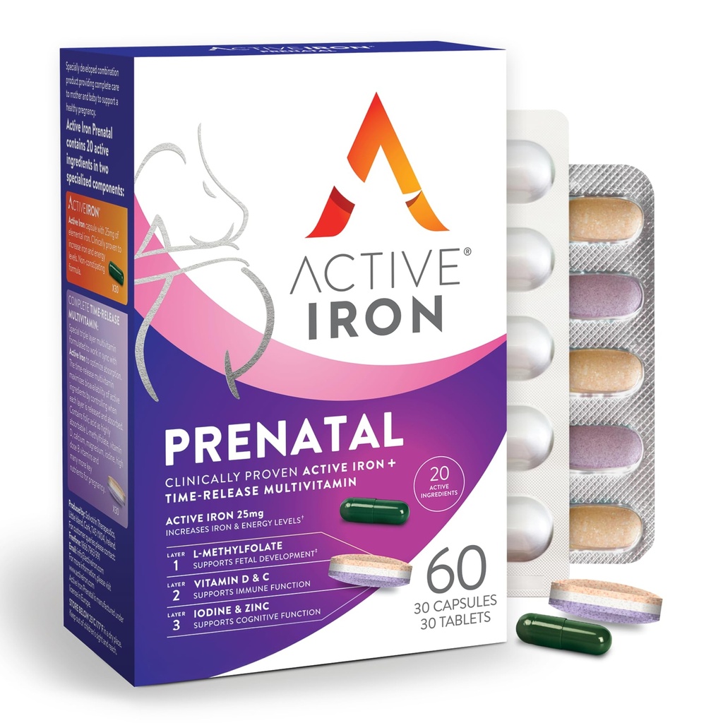 Active de fier prenatal, Suplimentul de fier + Vitamine prenatale pentru femei, 30 Capsule neconspitabile + 30 Timp-Release Multivitamine, Sarcina, Alaptarea & Postpartum Essentials