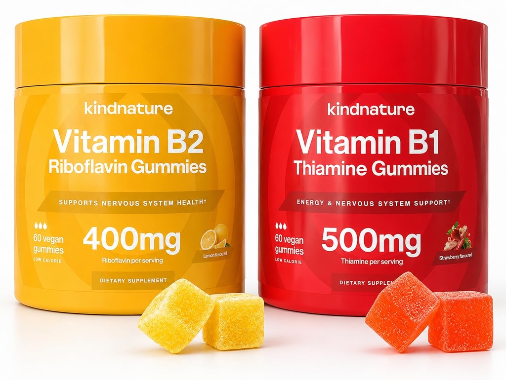 natură B-Vitamin Boost: B1 Tiamină 500mg & B2 Riboflavin 400mg Gummy Duo pentru copii și adulți