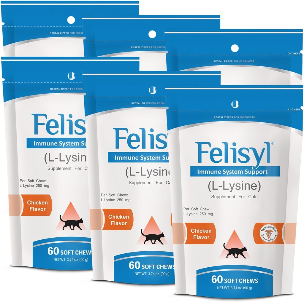 L-Lysine Soft Chews for Cats (60 Soft Chews)  Usurinta Sforaitului, Nose Runny, si Watery Eyes. Aroma de somon - (6 ambalaj)