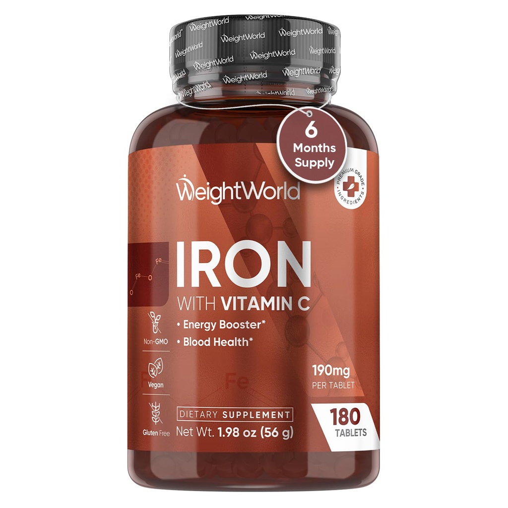 GreutateWorld fier Suplimentul 65mg - cu vitamina C 125mg - 180 comprimate Vegan (6 luni de aprovizionare) - Gentle Carbonyl Fier Supliment pentru femei si barbati - Booster de energie si sange Heath - non-GMO & Gluten-Free