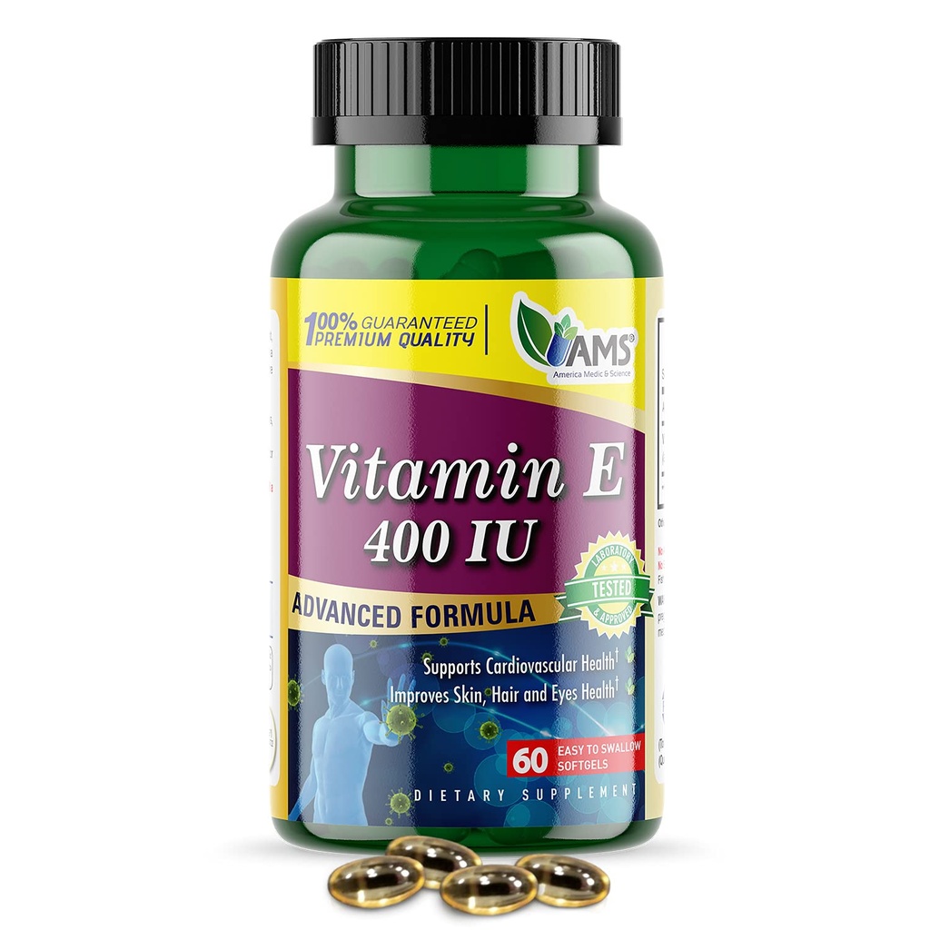 America Medic & Science Vitamina E 400 UI (60 Softgels) Supliment alimentar care sprijină sănătatea inimii, promovează pielea sănătoasă, părul, ochii și sistemul imunitar 