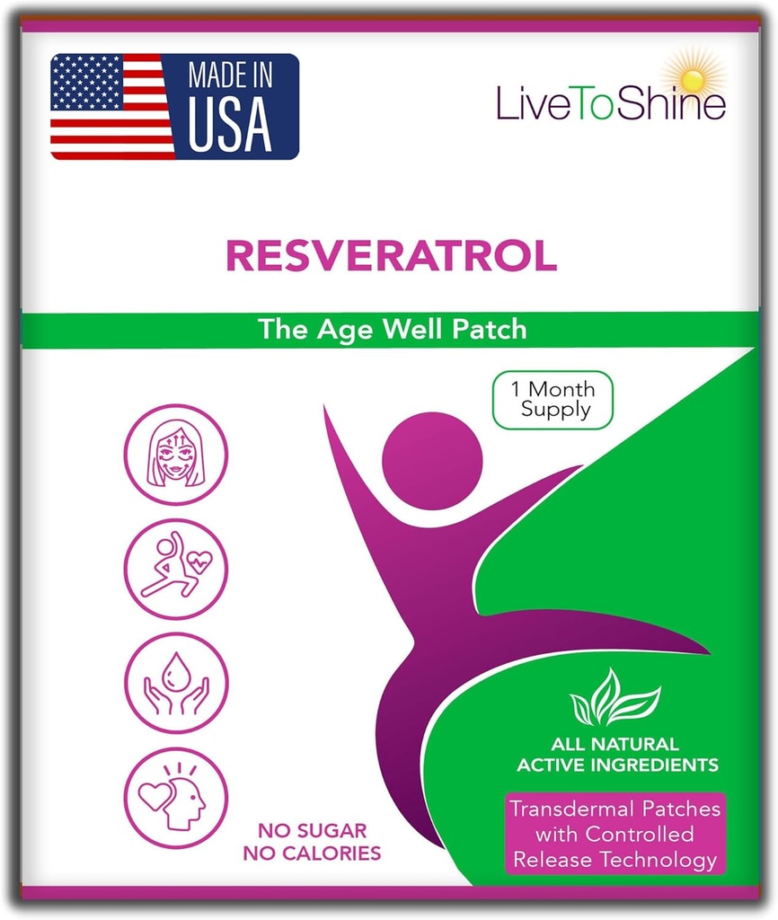 Live To Shine Resveratrol Patch - Transdermal Topical Plant-Based suport antioxidant pentru imbatranire sanatoasa si Wellness - 30 patch-uri pentru femei si barbati - Statele Unite ale Americii Made