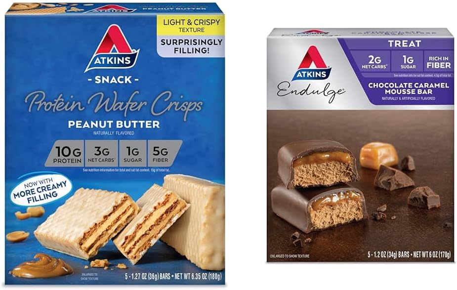 Atkins Unt de arahide Proteină Wafer Crips 5 Conte și ciocolată Caramel Mousse Bars 5 Conte Bundle