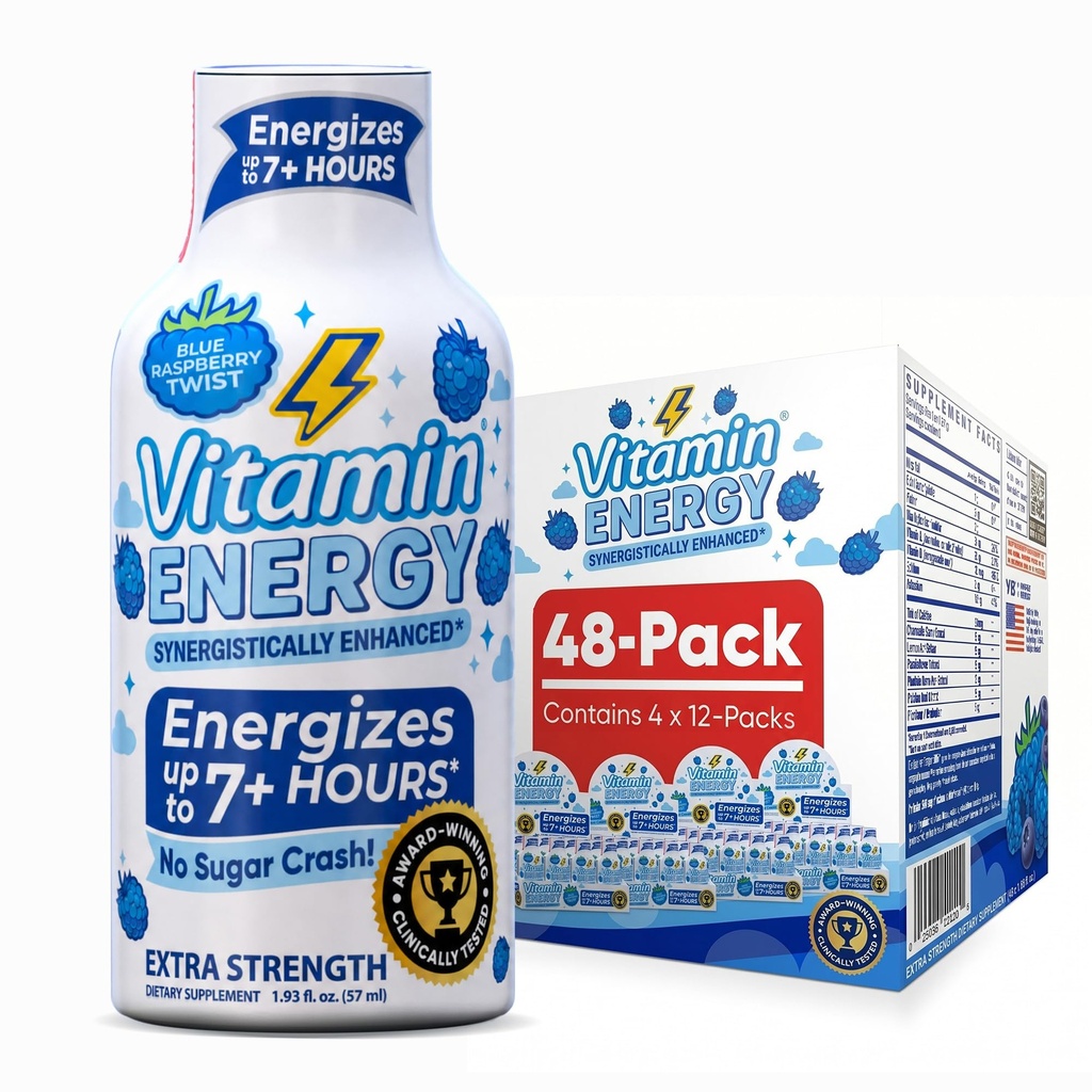 Vitamina Energie Immune+ Extra Putere Energie Shot Blue Raspberry 48 Pack, 260 mg Cafeina naturala, B-Vitamina, Citicolina, Ceai verde, Imunitate & Focus Suport, Zero Zahăr, Gluten-Free 1.93 fl oz