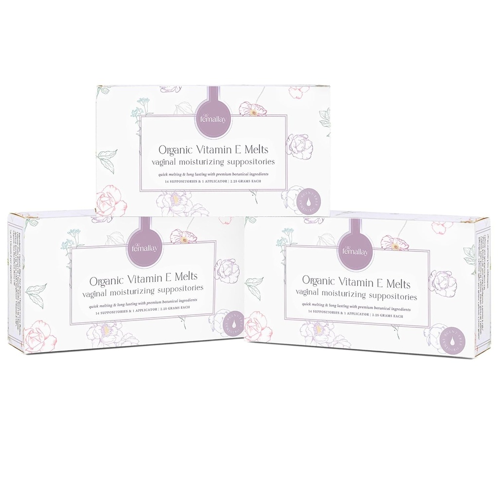 Vitamina organica Femallay E Melts vaginale - 3 Pack - Relief pentru menopauza uscatura si iritatie - 14 Conte + aplicator