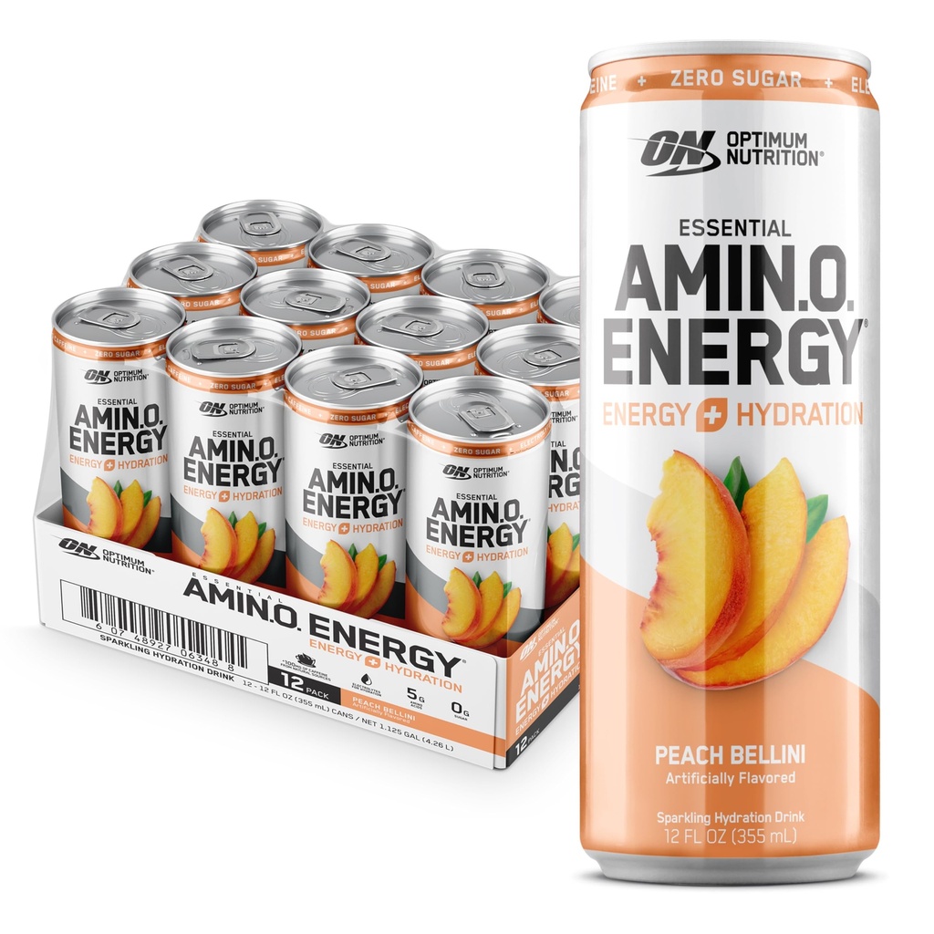 Optimum Nutrition Amino Energy Sparkling Hydration Drink, Electroliti, Cafeina, Amino Acids, BCAAs, Sugar Free, Peach Bellini, 12 Fl Oz, 12 Pack (Packaging May Vary)