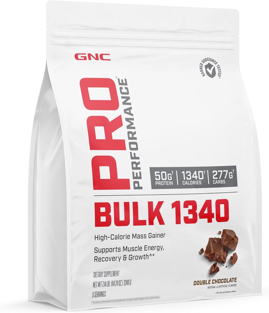 GNC Pro Performance vrac 1340 Mass Gainer Proteine pulbere, 50g, Gluten gratuit, Whey, Creatina, BCAA, 3rd Party testate, Recuperare si crestere musculara, Micronutrients, Ciocolata dubla, 9 Serviri