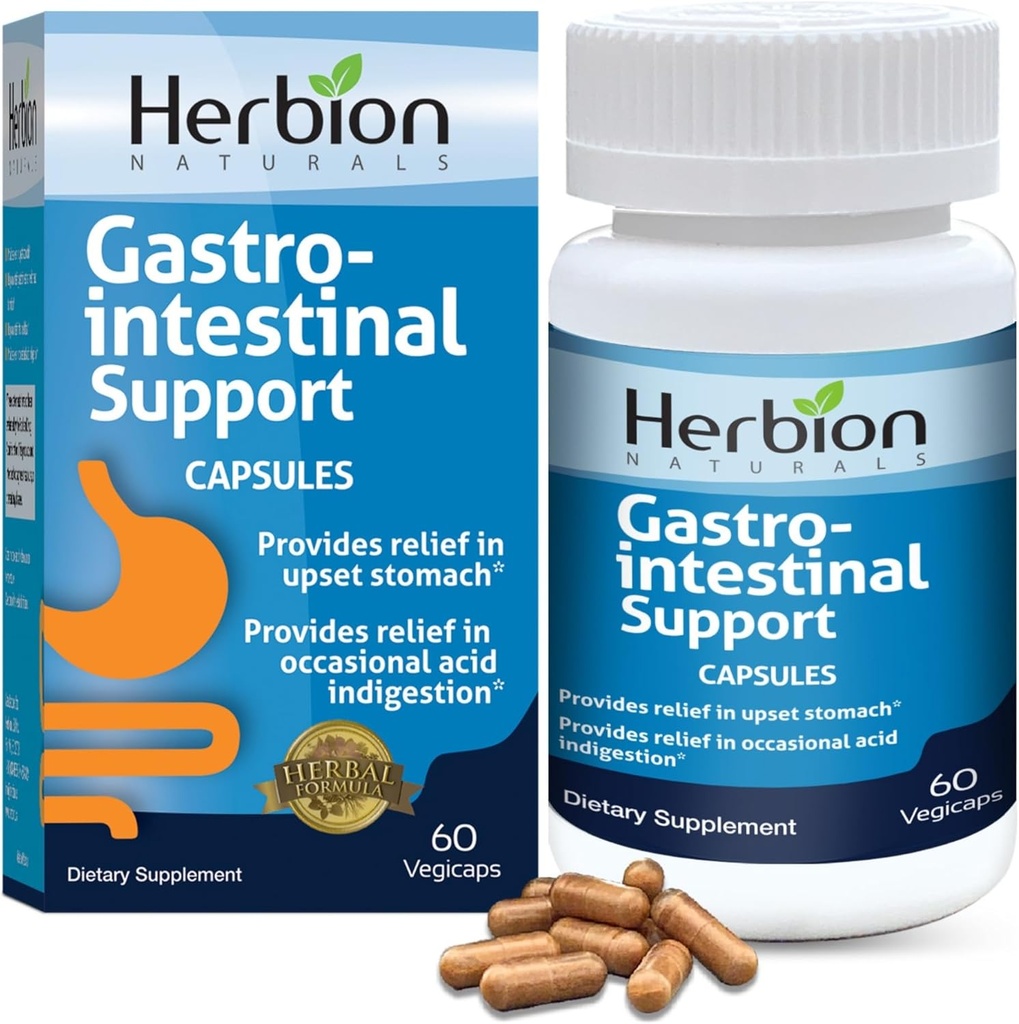 HERBION Naturals Suport gastro-intestinal Herbal Blend pentru Uset Stomac Relief, Gastrointestinal Sănătate şi Funcţie, Acid Ocazional Indigestie, Flora intestinală sănătoasă, 60 Conte, Pachet de 1