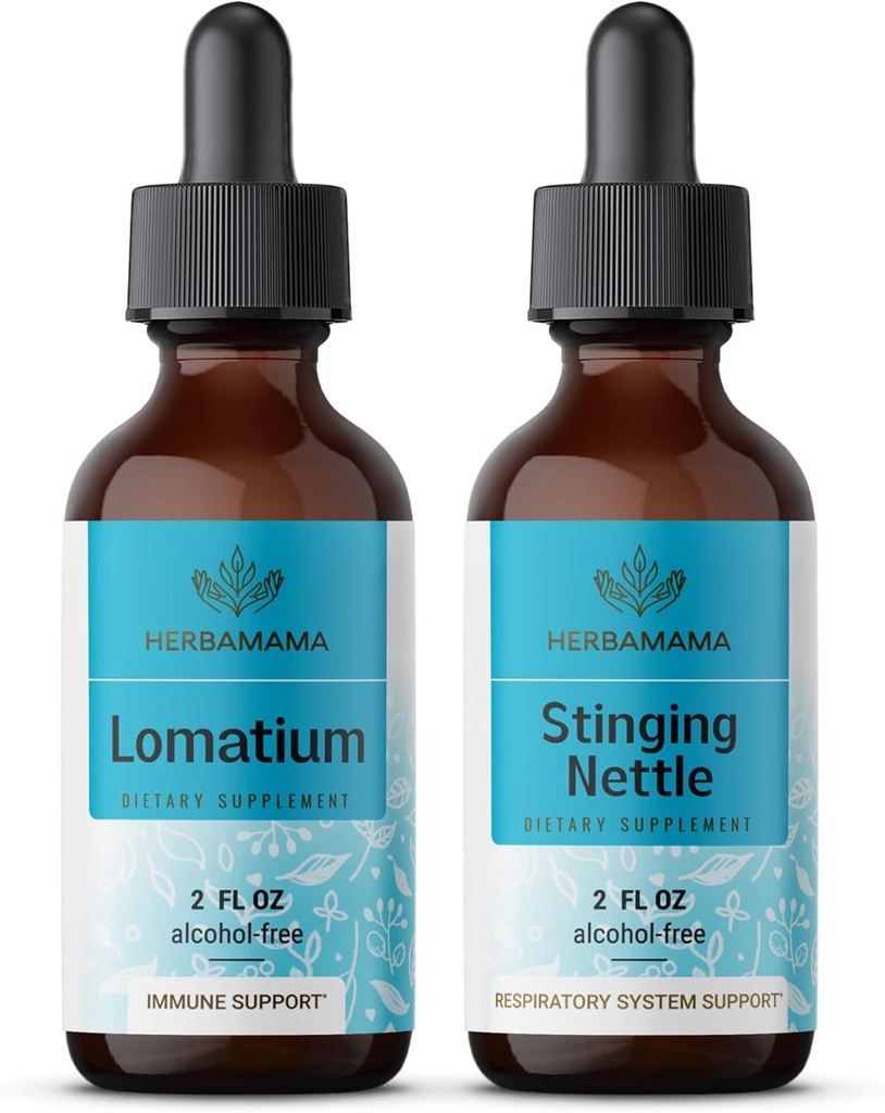 HERBAMAMA Herbal Liquid Drops Kit - Bundle of Lomatium Root Extras and Stinging Nettle Tincture 2 fl oz - Vegan, Non-GMO, Sugar & Alcohol-Free - 2 Pack