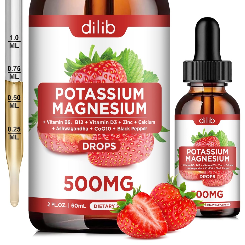 Citrat de potasiu, Citrat de magneziu lichid picături de 500 mg cu Ashwagandha, Calciu, Zinc, Vitamina D3, B6, B12, CoQ10 - Suport Calm și musculare & Immune sănătate Vegan 2 fl oz