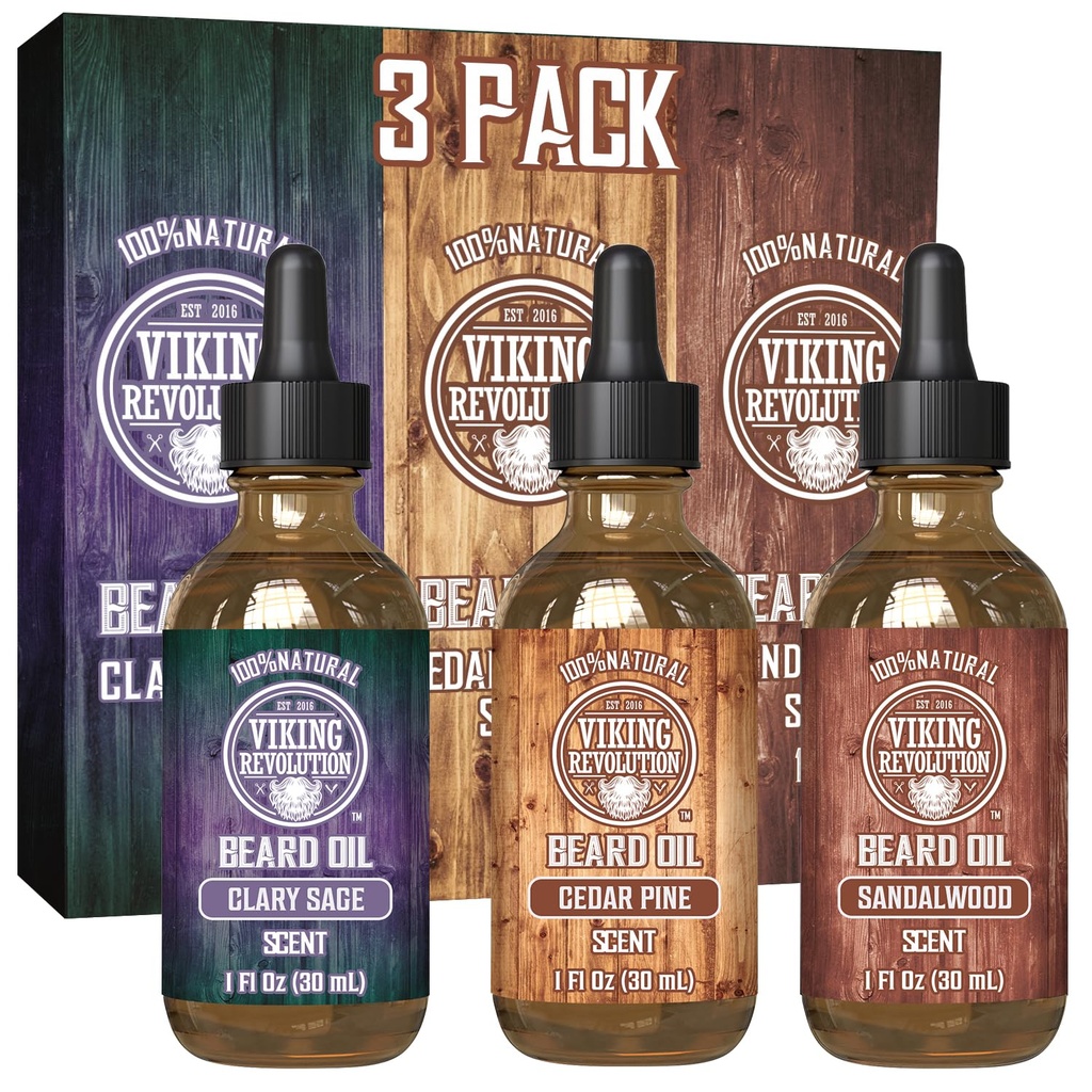 Viking Revolution Beard Oil for Men 3 Pack - Natural Mens Barbă Set Varietati de ulei - Sandalwood, Pine si Cedar, Clary Sage Scents - Barbă condiţionată şi hidratare pentru o barbă sănătoasă (3 Pack, 1oz)