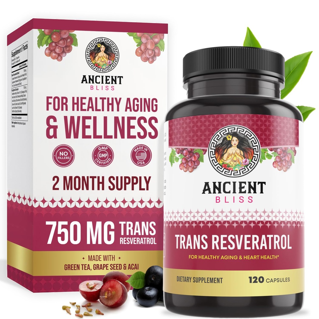 Ancient Bliss Resveratrol supliment puternic antioxidant cu ceai verde, extract de semințe de struguri pentru imbatranire sanatoasa pentru bărbați și femei