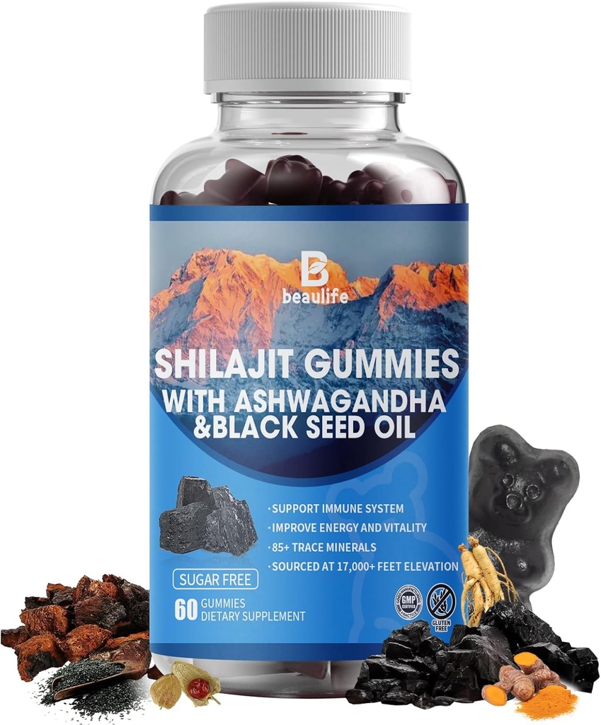 Shilajit Gummies, Shilajit, Resin, cu 85+ Trace Minerals, Acidul pelvian, Phytonutrients, Vitamina C, D, B12, Ashwagandha, Chaga Mushroom, Turmeric, for Energy, Immune Support
