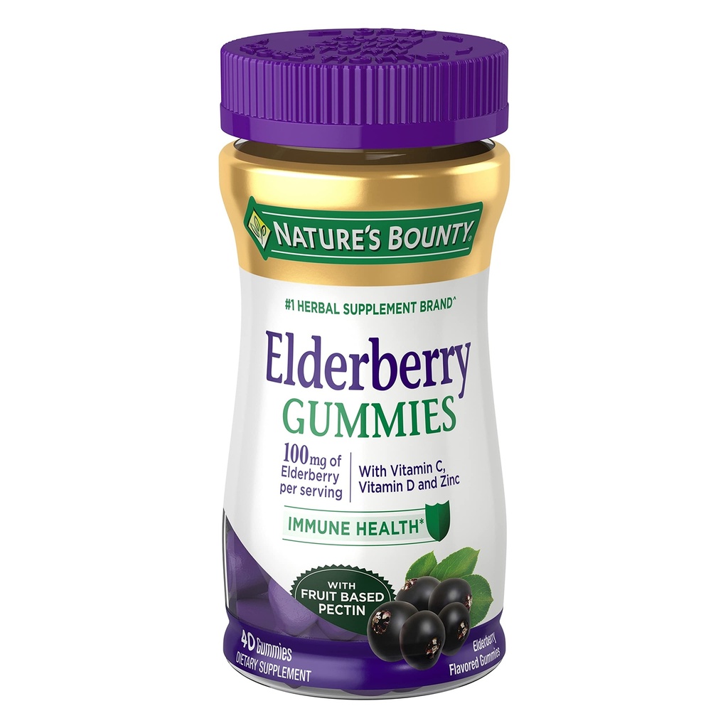 Gumiile lui Nature Bounty Elderberry, Suport Immune, Conține vitamina A, C, D, E și Zinc, 40 Gumies