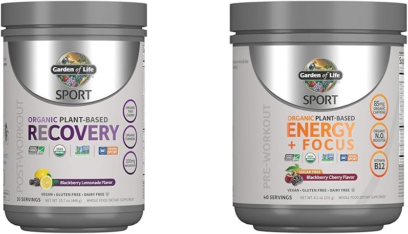 Gradina de viata Vegan Organic plante-Based post de recuperare praf de antrenament, 30 serviri, 15.7 Oz & Pre Antrenament pulbere de energie, 40 serviri, 8.14 Oz Bundle