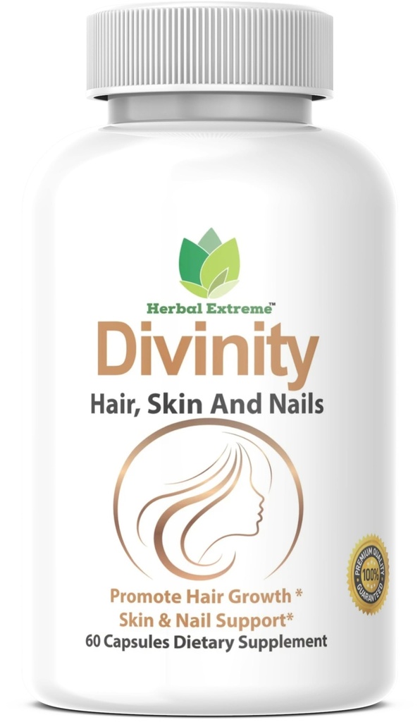 Divinitate Păr, Piele şi Nails 60 Capsule 5000 mcg Biotin Acid P-aminobenzoic, Extract de coada calului, Fo-Ti, Extract de bambus, Stinging Nettle, Peony chineză, Spirulina, Saw Palmetto