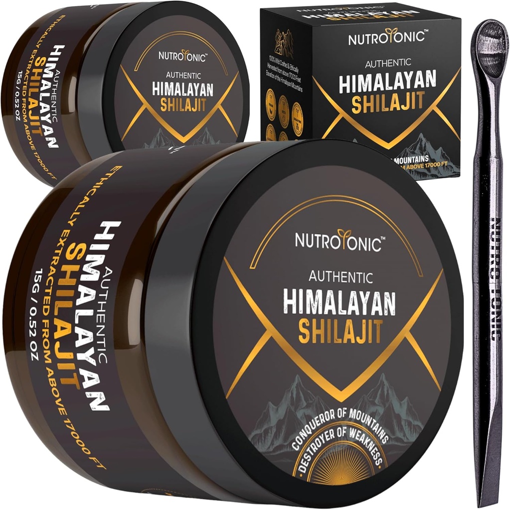 NutroTonic® Autentific Himalayan Shilajit Resin pentru bărbaţi şi femei - aur de grad 86% Acid fuzelic - Wild Crafted +17000 FT 