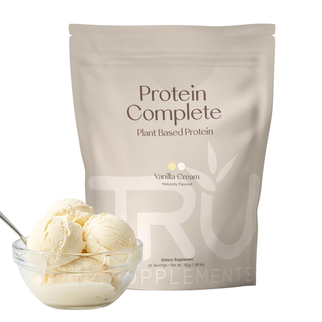 Suplimente TRU Pudră de proteine pe bază de plante, BCAA, EAA, 20g Vegan orez brun și proteine de mazăre, 100 Calorii, 27 Vitamine, Fără arome artificiale 25 Serviri (Vanilla)