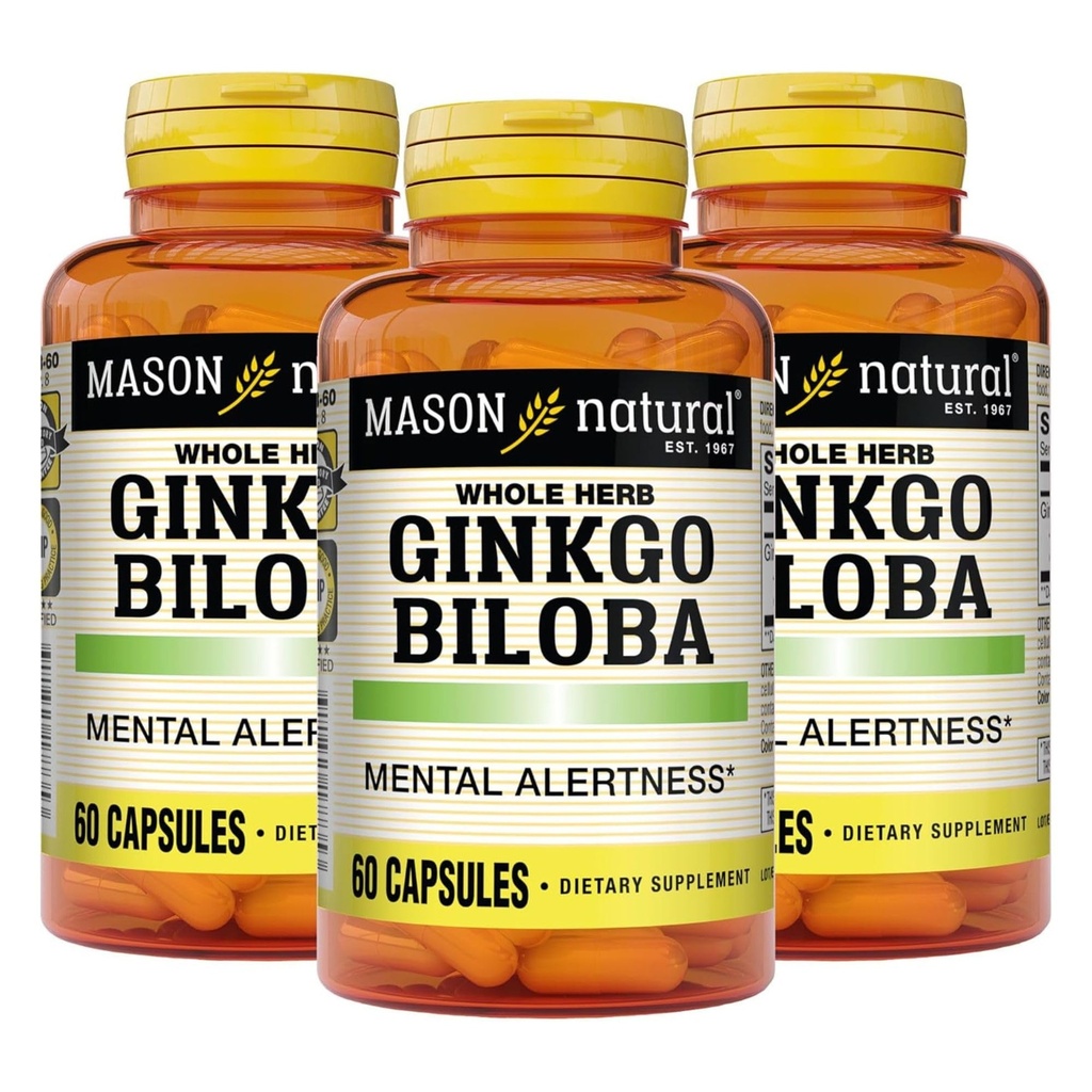 MASON NATURAL Ginkgo Biloba, 3 luni de aprovizionare, ajută la îmbunătăţirea stării de alertă mintală şi susţine funcţia optimă a creierului, 60 capsule (3 ambalaj)