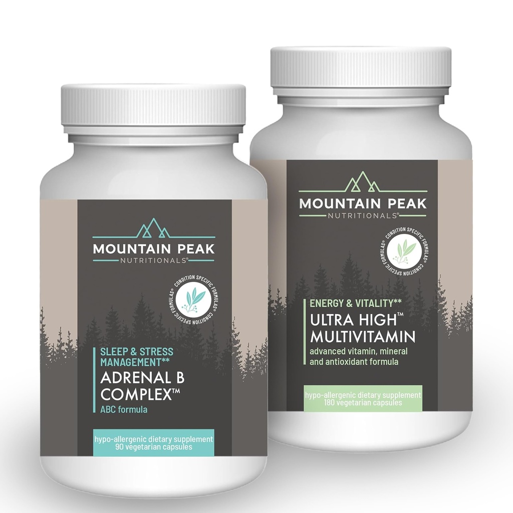 Mountain Peak Nutritionals Complex B & Ultra High Multivitamine Combo Pack - Vitamina, Multi-Mineral, & Adaptogen Support - B Vitamine, Probiotice, & Essential Nutrients - 90 & 180 Vegetarian Ca