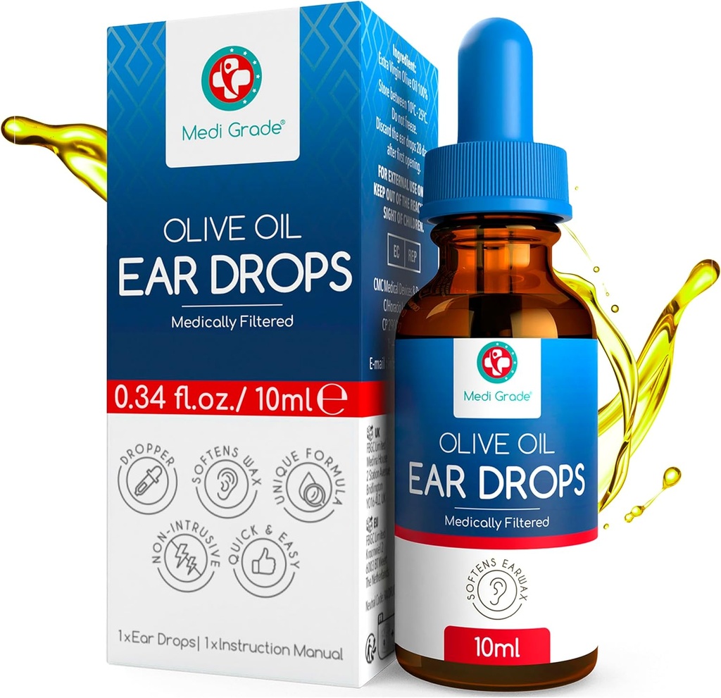 Medi Grad Olive picaturi Oil Ureche pentru îndepărtarea ceara si urechi blocate, 10ml - 100% Ceara naturala ceara picaturi cu Pipette Dropper Softens și elimină Hardened Earwax Buildup - Advanced Ear Wax picături