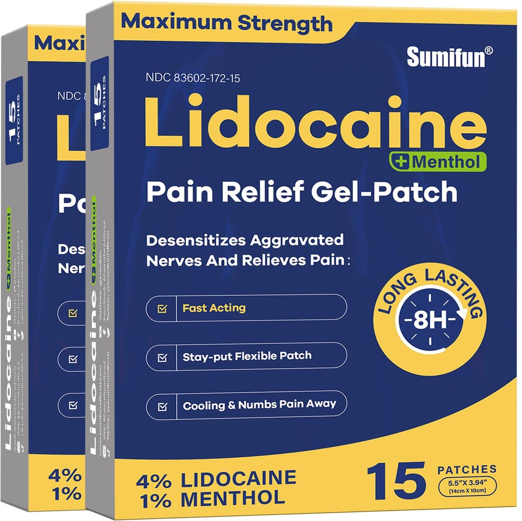 Sumifun 4% Lidocaină Patches Plus 1% Mentol - 30 Counts Putere maximă OTC Durere de relief patch-uri pentru spate Ache Stiff gât dureri articulare dureri musculare Dureri Topicale Analgezice
