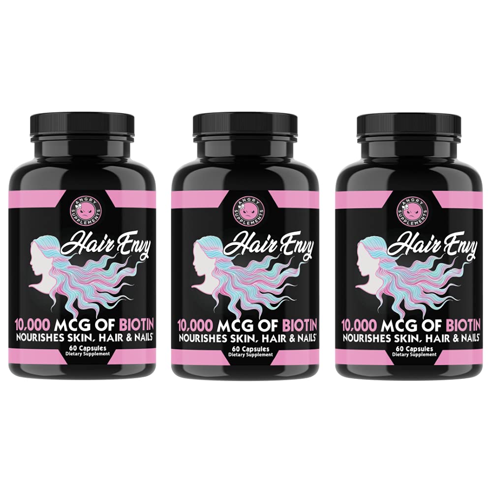 Angry Supplements Hair Envy 10000 mcg Biotin + Keratina, Creste + Hidrate păr, Consolidarea unghii groase, Clear & Nourish Skin 