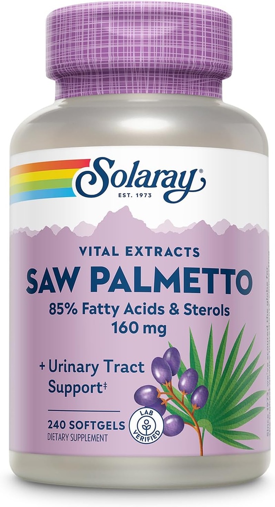 SOLARAY Saw Palmetto Extract - Prostate Health and urinare Tract Support - 136 mg Fatty Acids and Sterols - Lab Verified, 60-Day Money-Back Guarantee (240 Servings, 240 Softgels)