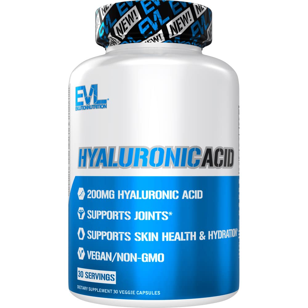 Evlution Vegan Dietary Hyaluronic Acid Supliment Nutriție 200mg Acid hialuronic Capsulele de piele uscată pentru femei și bărbați pentru mâncărime sau deteriorate de piele - potență ridicată Biodisponibilă Formula de OMG-uri