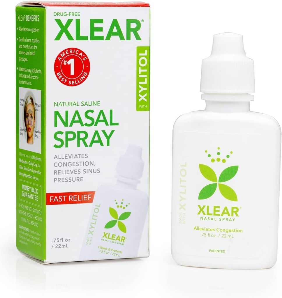 Xlear Natural Saline Nasal Spray cu Xilitol, Nose Moisturizer pentru copii și adulți, 0,75 fl oz (Pachet de 1)