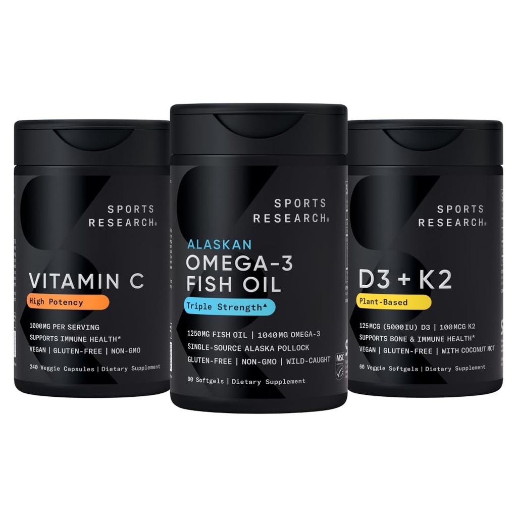 Sports Research 1250 mg Omega 3 Burpless Fish Oil - Wild Alaskan Pollock - (90 Count), High Potency Vegan Vitamina C 1000mg (240 Count) + Vegan 5000iu Vitamina D cu 100mcg Mk7 Vitamina K (60 Count)