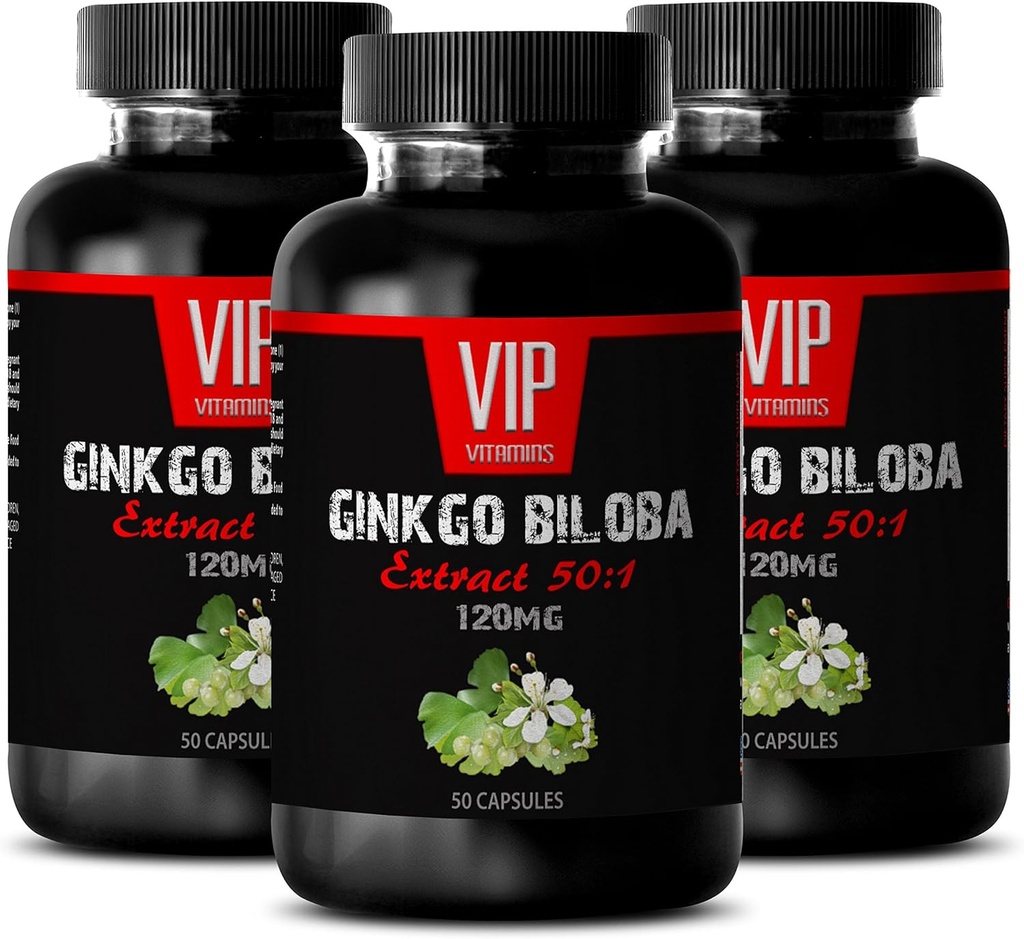 VIP VITAMINS Ginkgo biloba pentru adolescenți - Ginkgo Biloba Leaf 120mg - pentru funcția creierului sănătos (3 flacoane - 150 capsule)