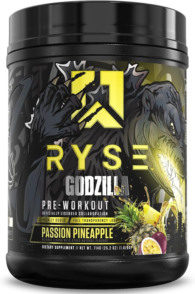 RYSE Godzilla X Noel Deyzel Pre Antrenament pulbere - Pasiune Ananas - 400mg Cafeina, Stim de mare Pre-Garning pentru bărbați și femei cu citrulline & Beta Alanine - Energie, Pompă & Focus - 20/40 Serviri
