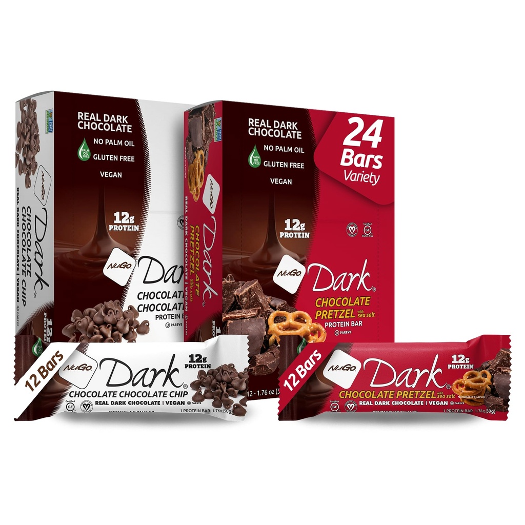 NuGo Varietate întunecată - Ciocolată Pretzel 12 Baruri și ciocolată Chip 12 Baruri, 12g Proteina, Vegan, Gluten gratuit, non-GMO, Kosher Pareve, 24 Conte