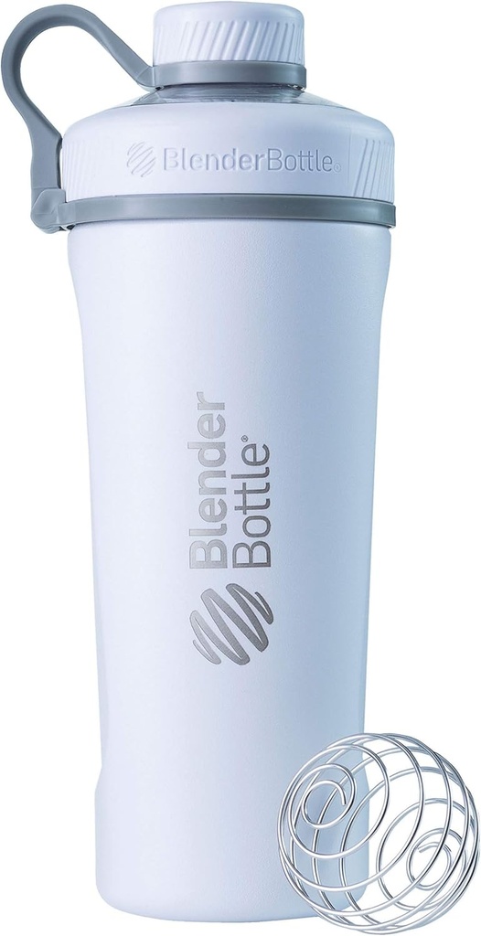 BlenderBottle Radian Shaker Cup Izolat din oțel inoxidabil sticla de apă cu whisk sârmă, 26-Ounce, Matte alb