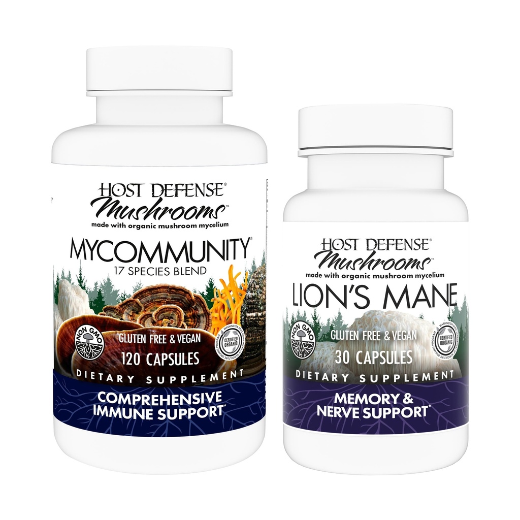 Capsule comunitare de apărare gazdă, 120 capsule Count & Lion coamă, 30 Conte - Sprijin Immune Health cu 17 specii Mushroom Blend - Suport Brain Health, Memory & Focus