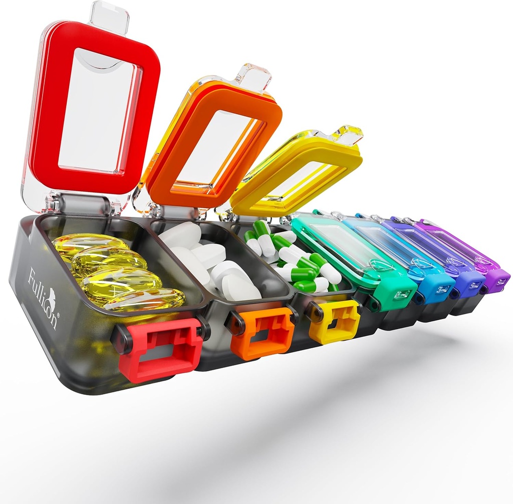 Fullicon Weekly Pill Organizator 7 zile Ultra Umiditate și Proof Spill Zilnic Pilula cutie, mare caz de medicină cu Buckle securizat, Compact Travel Pilula container pentru pastile, vitamina, și ulei de pește (Rainbow negru)