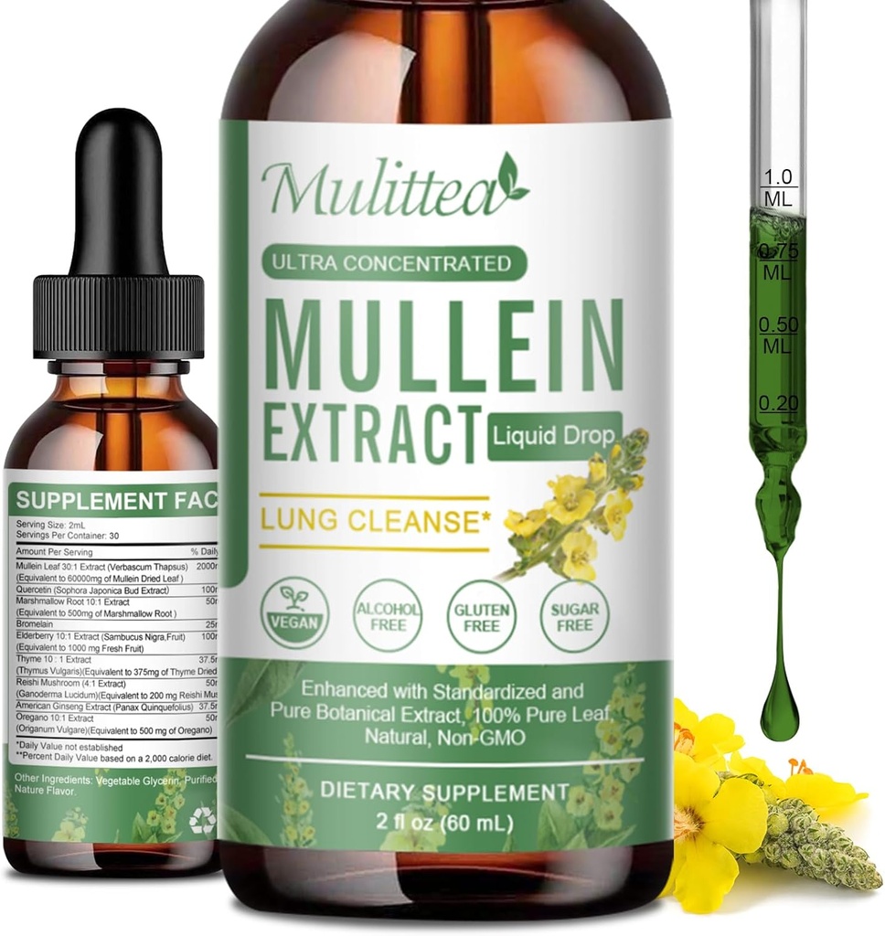 Mullein picături pentru plămâni și drenaj limfatic - Lung Cleanse & Detox- Vegan Mullein Extract de suport imun,Respirator Digestive -9 Potent Supliment Herbal la Renou -Ca lichid