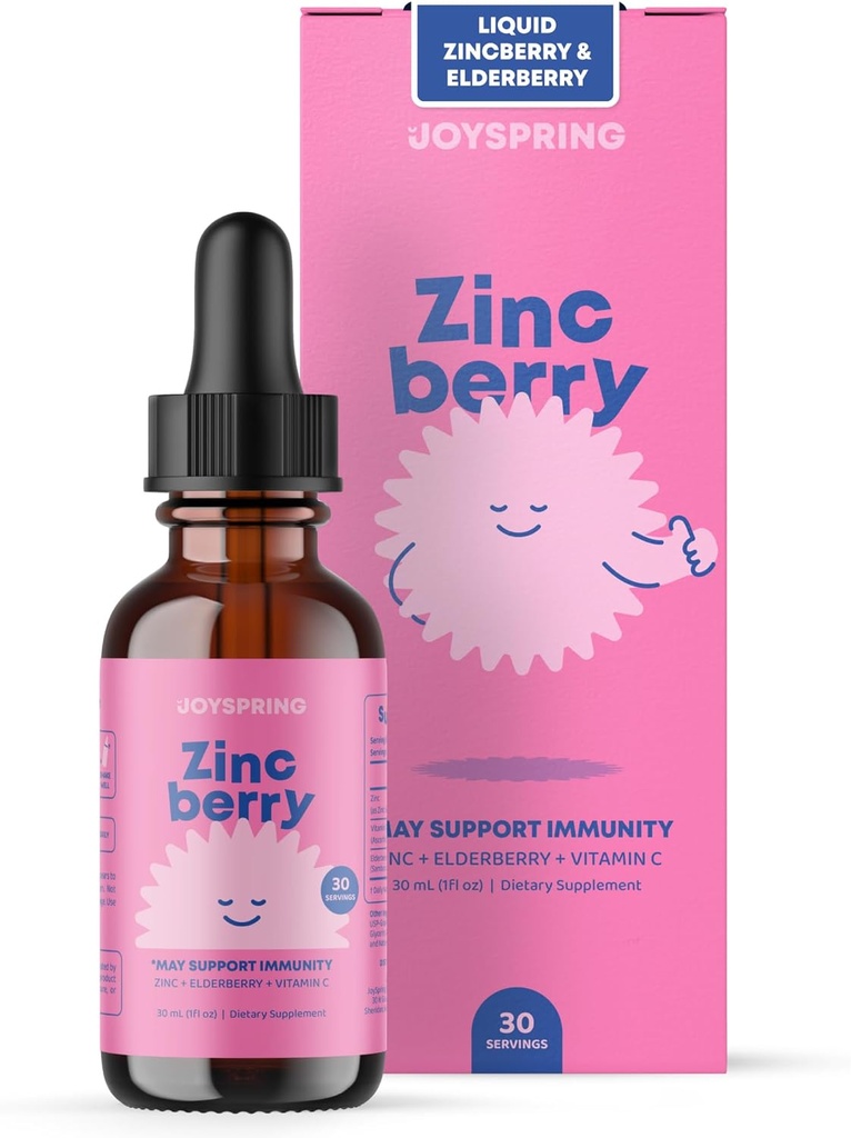 JoySpring ZincBerry - Copii Zinc & Supliment de vitamine (1 fl oz) Picături de suport imunitar cu aroma de elderberry pentru copii 2-16+ Ani