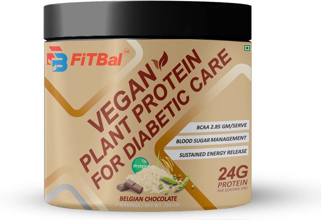 Belgian Chocolate Vegan Plant Proteine pulbere pentru îngrijirea diabetică 250 Gram (7 serviri) Servire Cantitate-33G 24G Proteina per servire, Glutamina - 3.32 Gm