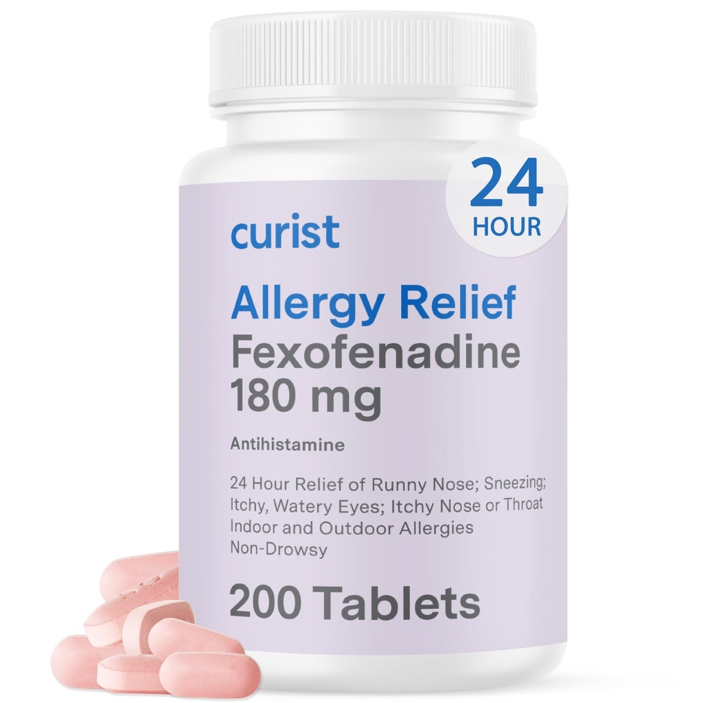 Curist Fexofenadină clorhidrat 180 mg (200 comprimate) Medicamente pentru alergii non- Drowsy - 24 ore Toată ziua Alergie Relief pentru Runny Nose, Itchy Eyes, & Throat - Alergie comprimate de ajutor (200 Conte)