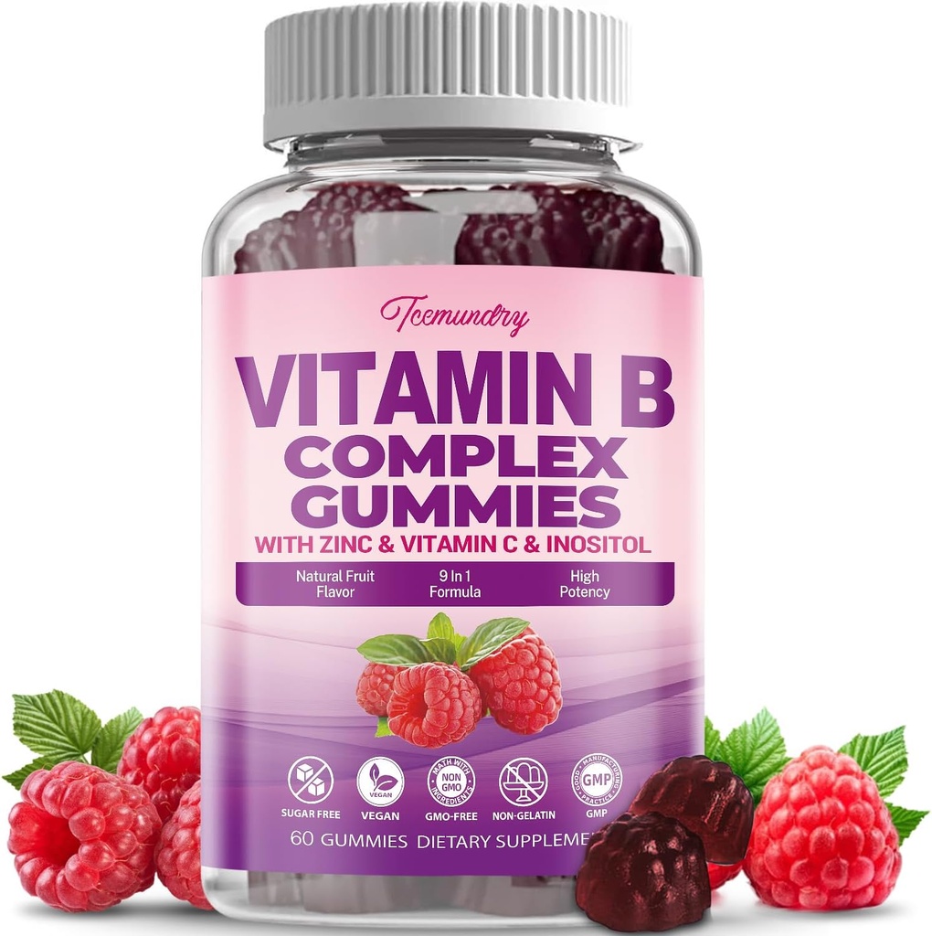 Vitamine fără zahăr B Complex Gummies pentru femei - Vegan b Vitamine Complex cu metil B12, Folat de metil - Plus Vitamina C, Zinc, Inositol - Sprijină energie, Imun, Păr sănătos, Piele (60 Conte)
