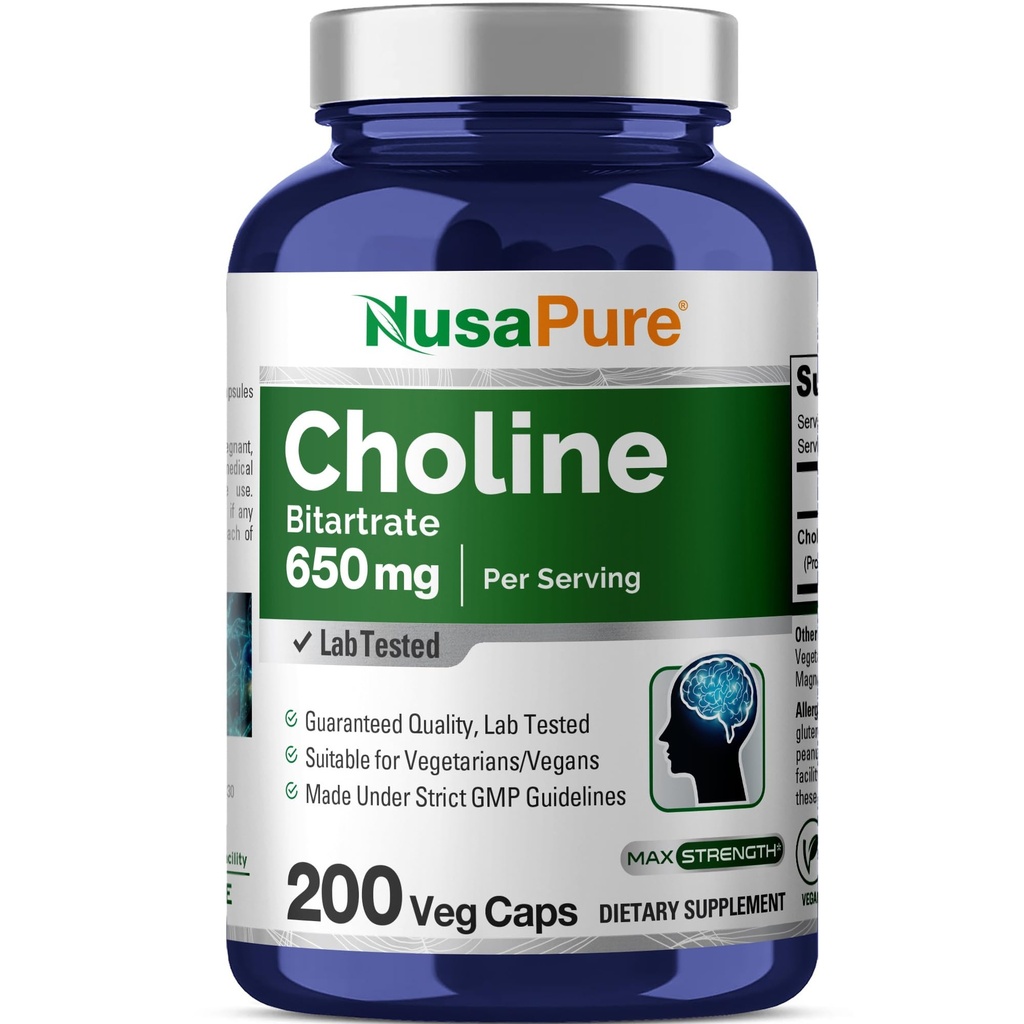 NusaPure Choline Bitartrat 650 mg 200 Capsule vegetale (Vegetarian, Non-GMO, Vegan)